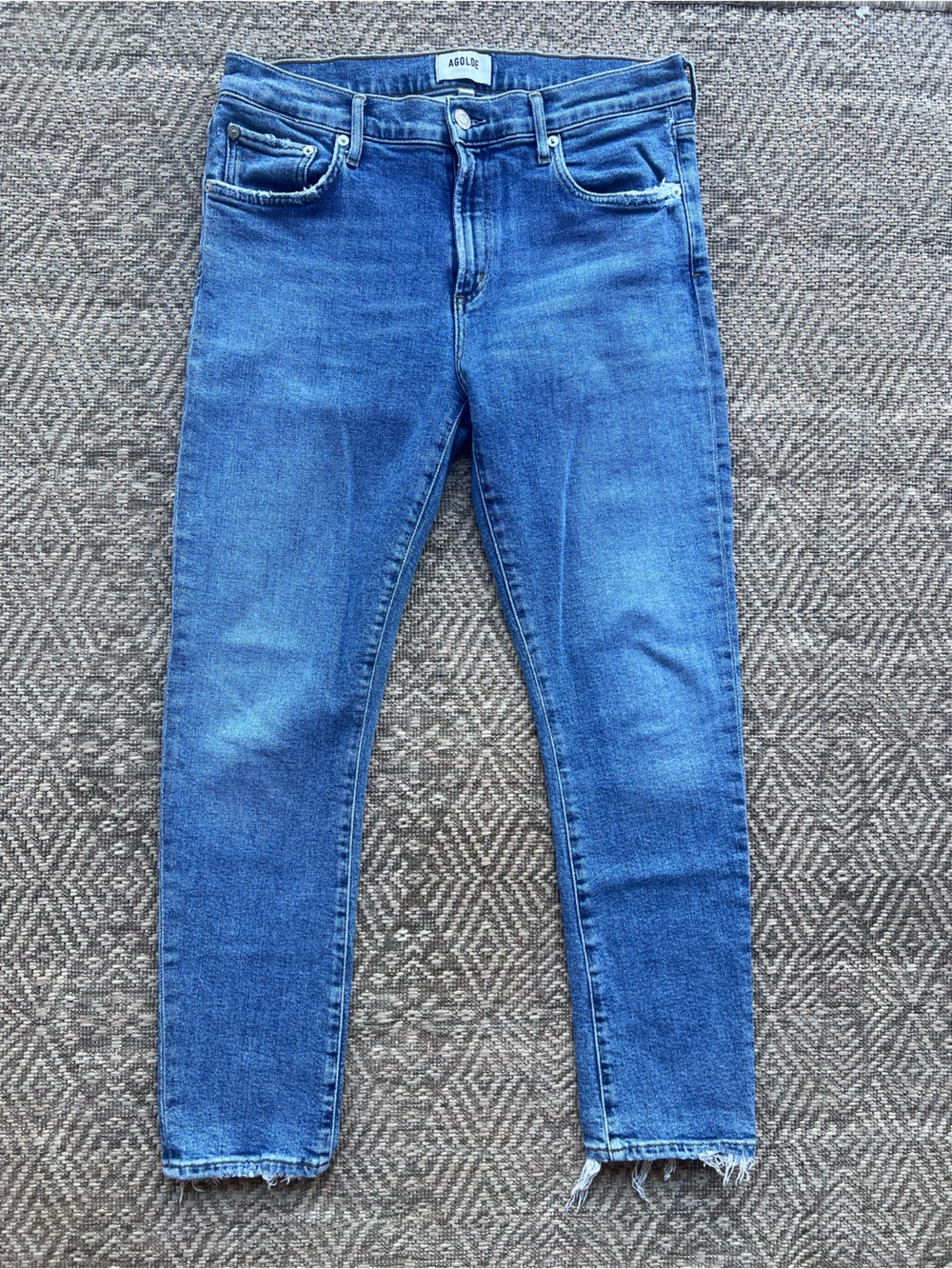 AGOLDE Toni Jeans 29 High Rise Straight Crop Raw Hem Stretch Blue Denim
